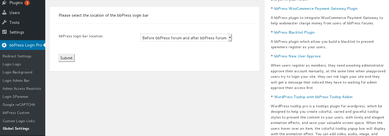 Option to select the location of the bbPress login bar