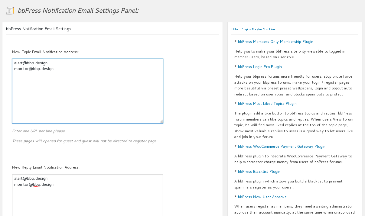 bbPress notification plugin setting panel