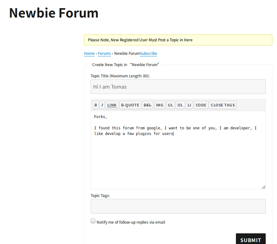 bbPress New User Must Publist Welcom Post On Newbie Forum