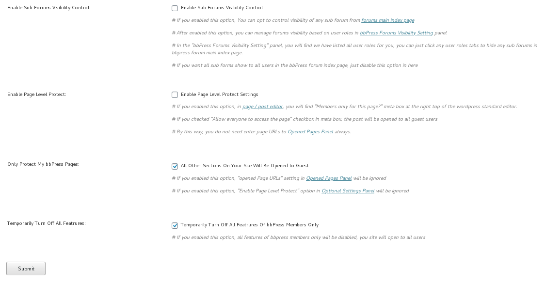 bbpress temporarily turn off all features option